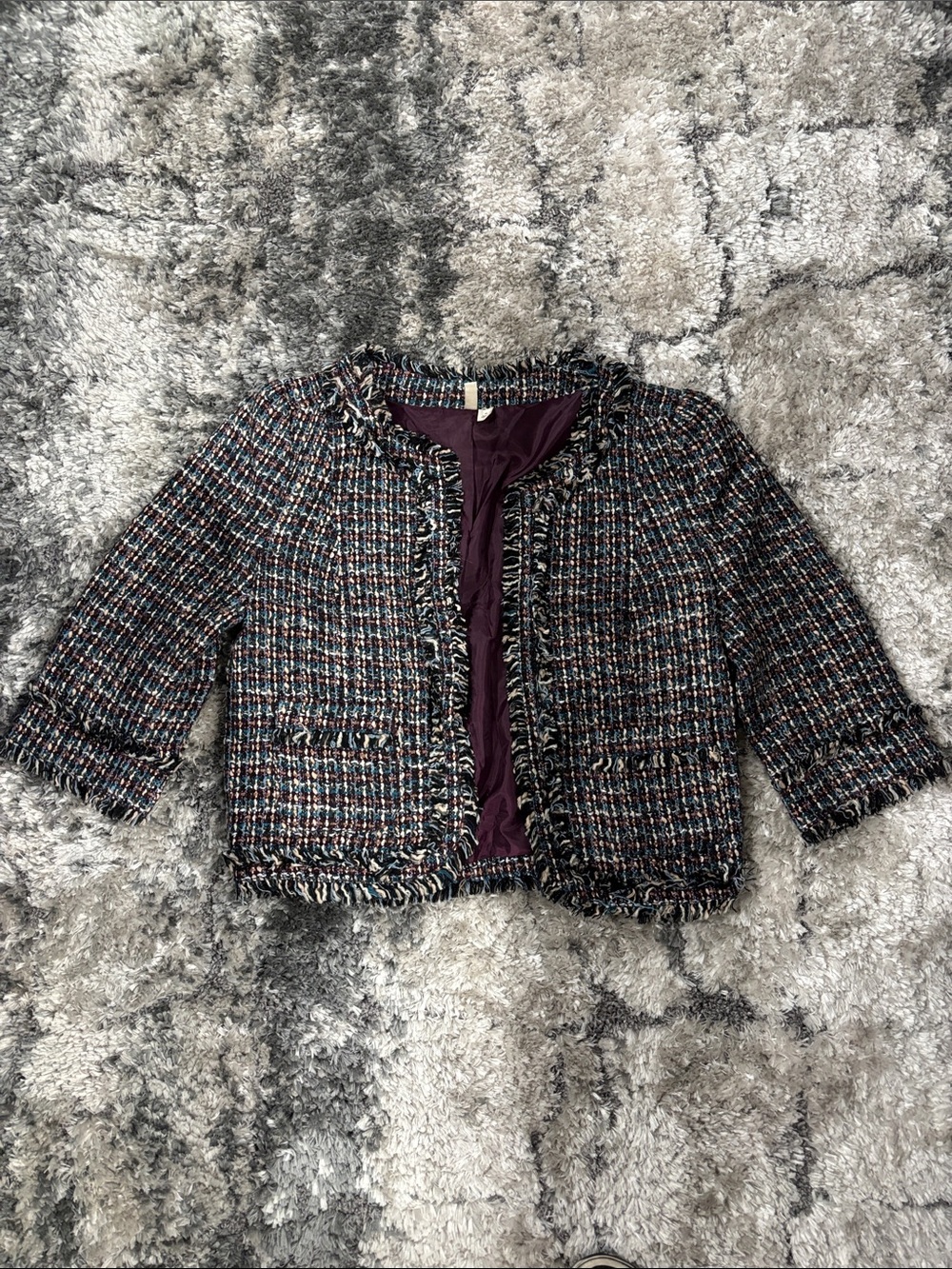 Tweed Fringe Open-Front Jacket in Multicolor with Plum Lining